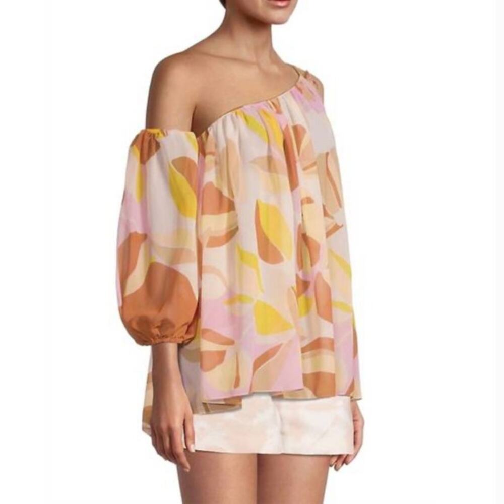 Sachin & Babi Maggie One Shoulder Blouse Small Pink Abstract Semi Sheer Top